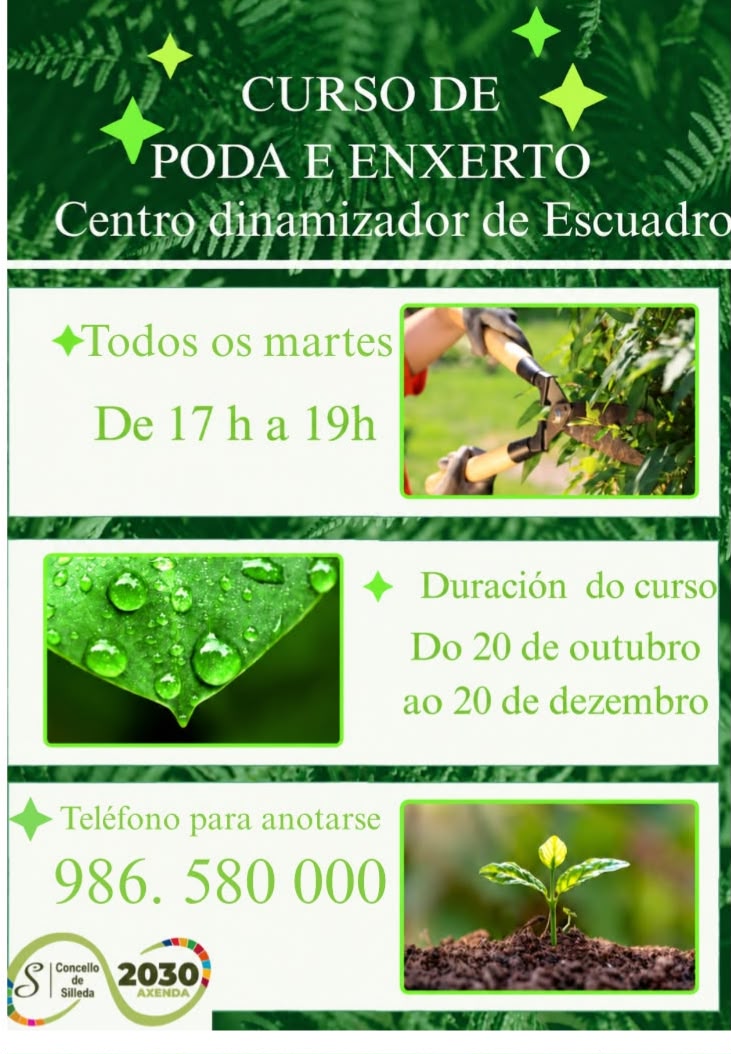 Curso de Poda e Enxerto no Centro dinamizador de Escuadro. Todos os martes de 17h a 19h do 20 de outubro ao 20 de decembro.