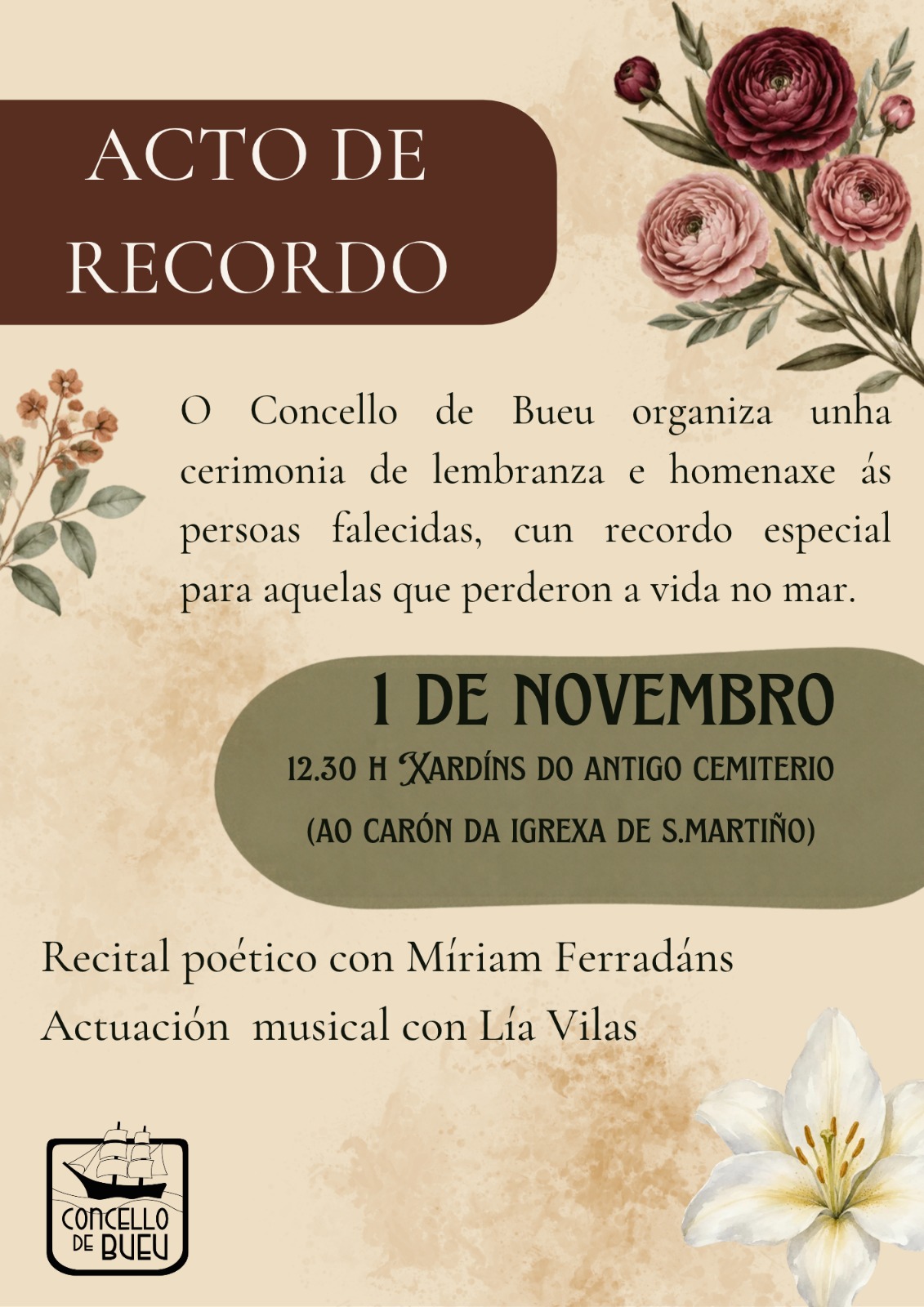 O Concello de Bueu organiza este domingo, 1 de novembro, un acto laico polo Día de Defuntos