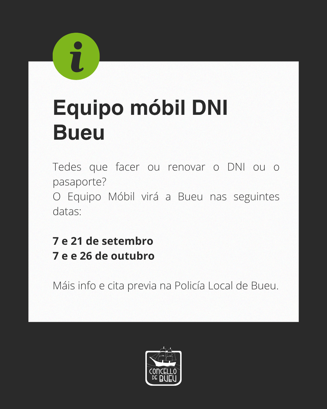 O Equipo Móbil da Policía Nacional virá a Bueu nas seguintes datas:

☑️ 7 e 21 de setembro

☑️ 7 e 26 de outubro