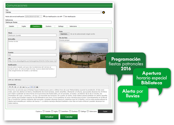 Servicio de Comunicaciones, envío de noticias y avisos al ciudadano